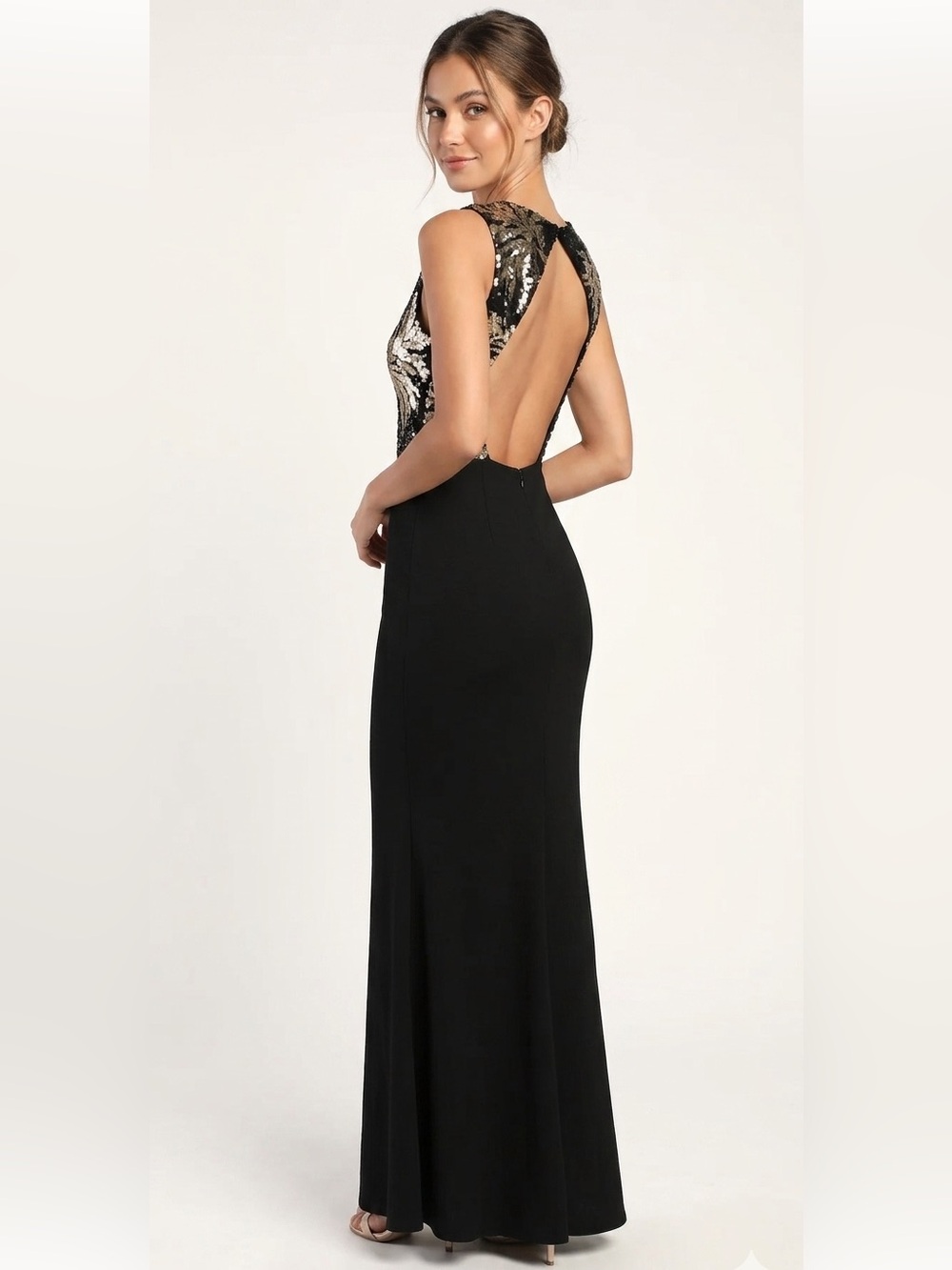 Lulus Gilded Glory Gold & Black Sequin Open Back Maxi Dress Size Large